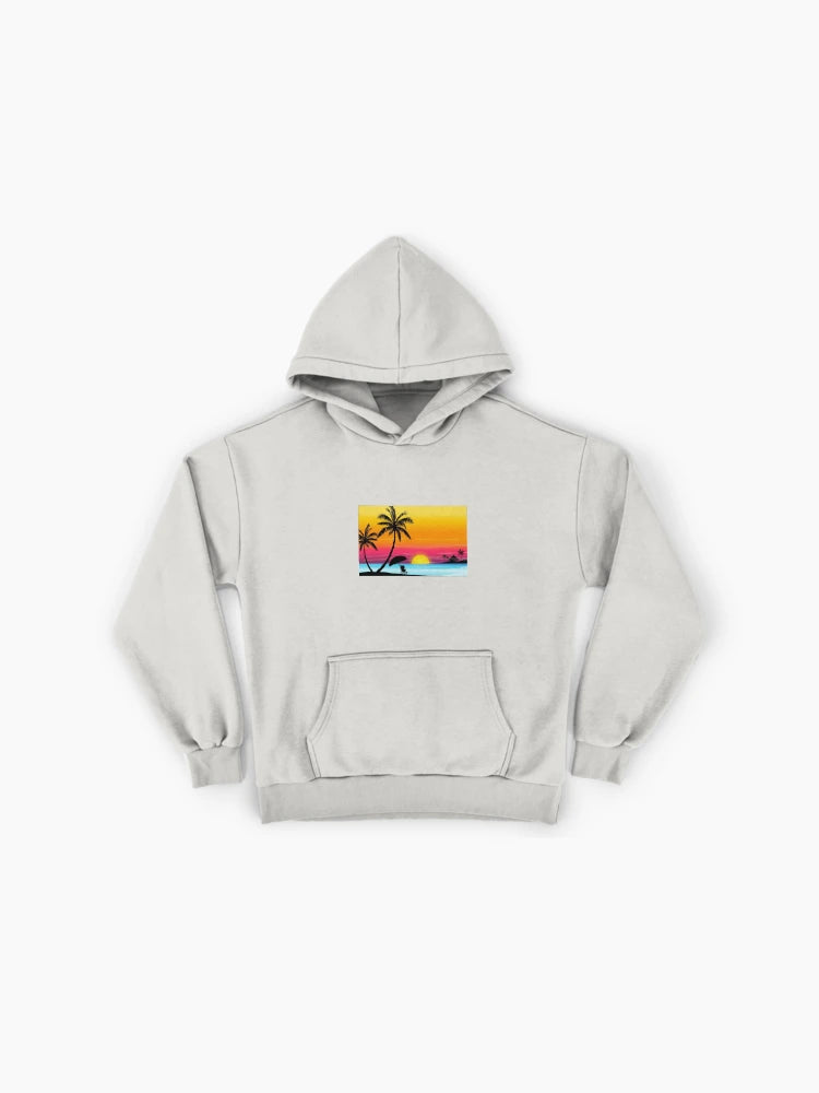 Cartoon Beach Sunset Hoodie - Premium Oversized Coconut Tree Design