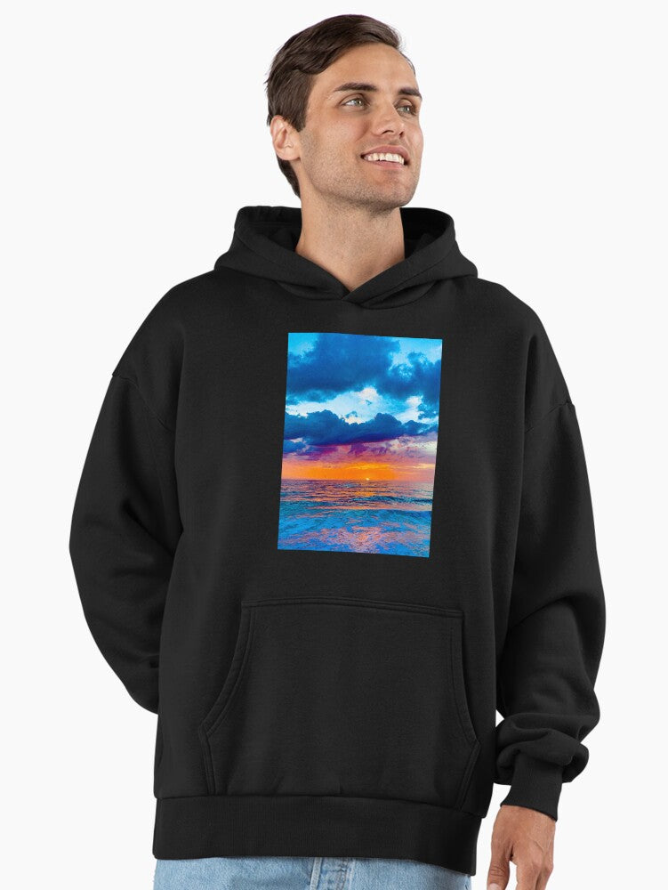 Ocean Wave Sunset Hoodie - Premium Oversized Relaxing Shoreline Top Black
