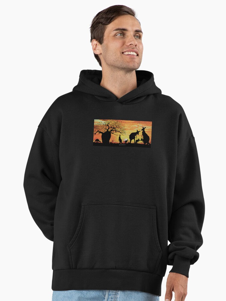 Aussie Sunset Boab Tree Kangaroo Premium Oversized Hoodie Art Black