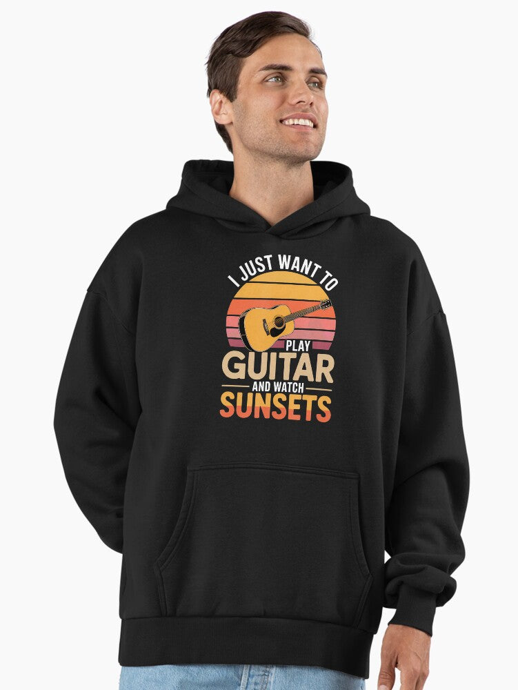 Guitar & Sunsets Music Hoodie - Premium Oversized Musician Gift Top Black