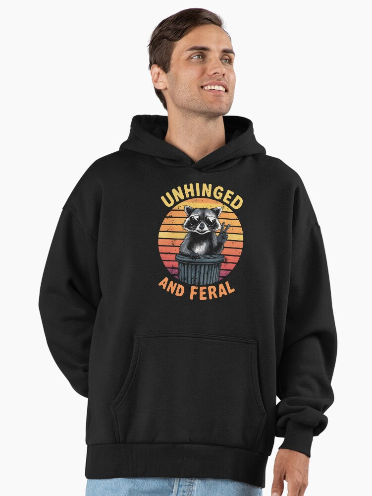 Funny Feral Raccoon Sunset Hoodie - Premium Oversized Retro Humor Black