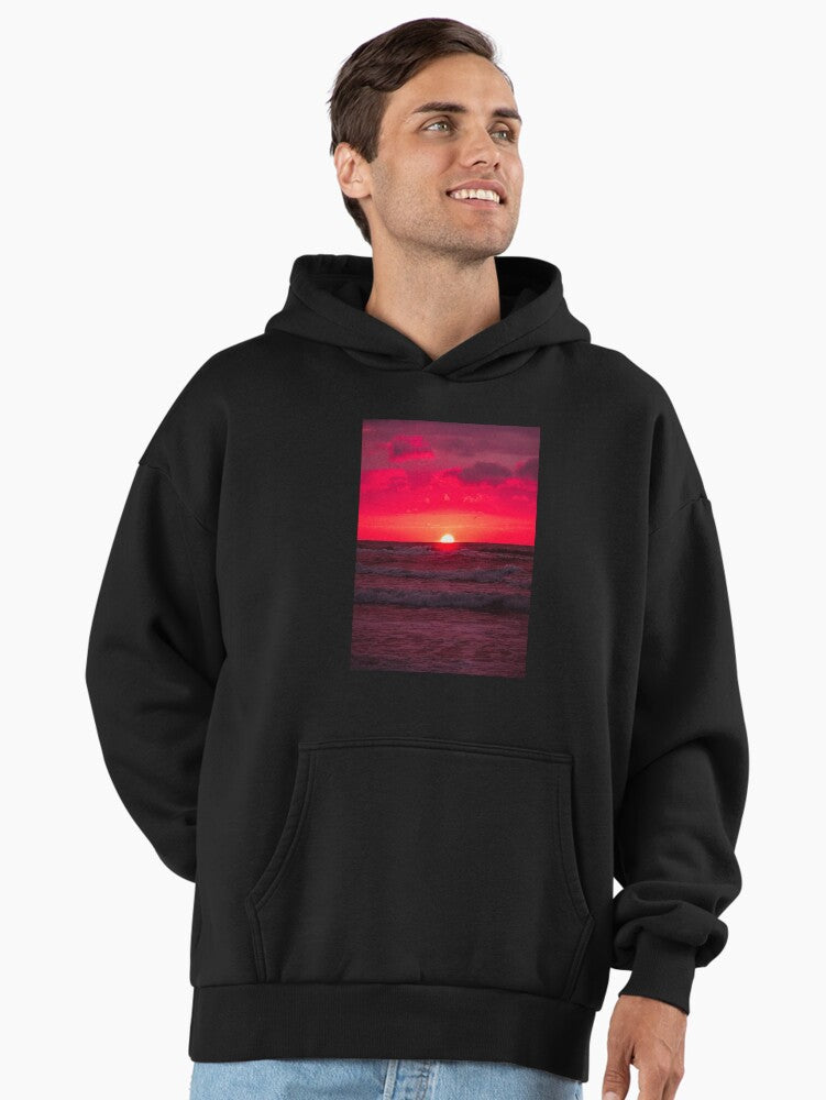Red Beach Sunset Artistic Premium Oversized Hoodie Black