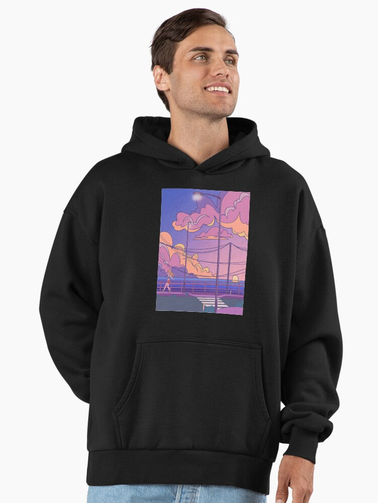 Rollerskating Sunsets Hoodie - Retro 80s Style Skate Culture Wear Black