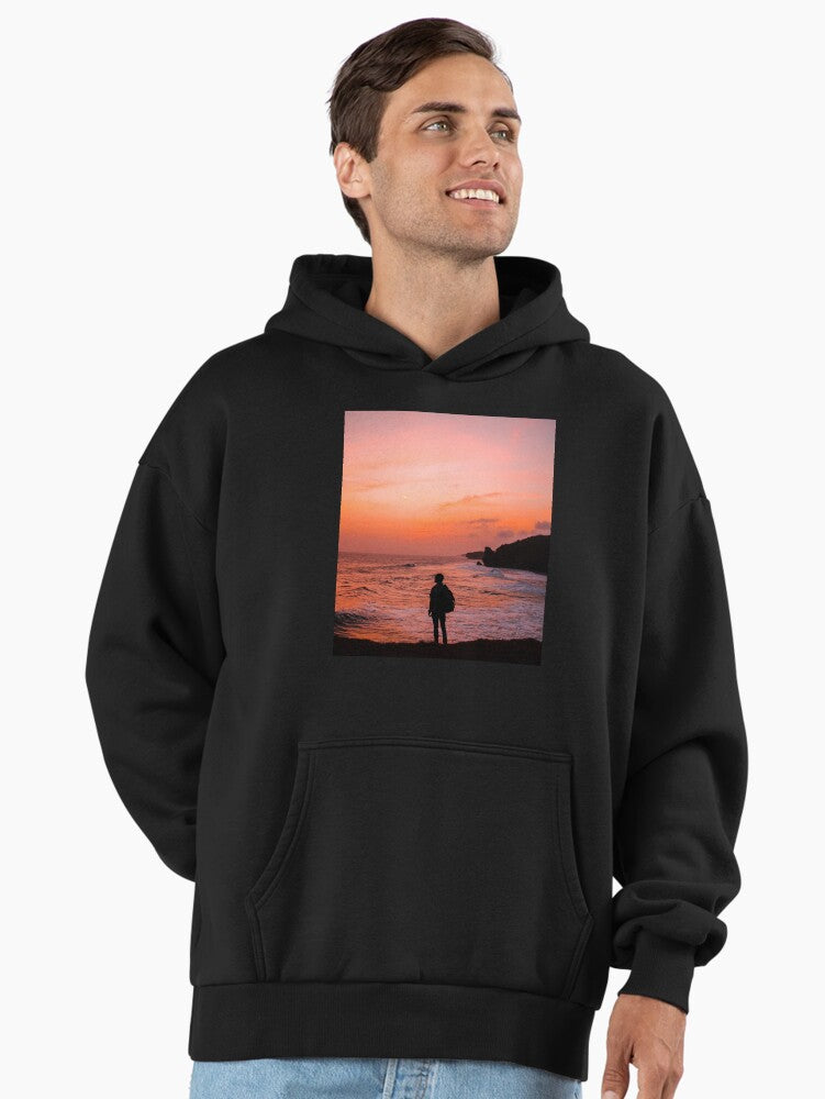 Summer Sunset Vibe Hoodie - Aesthetic Beachfront Oversized Design Black