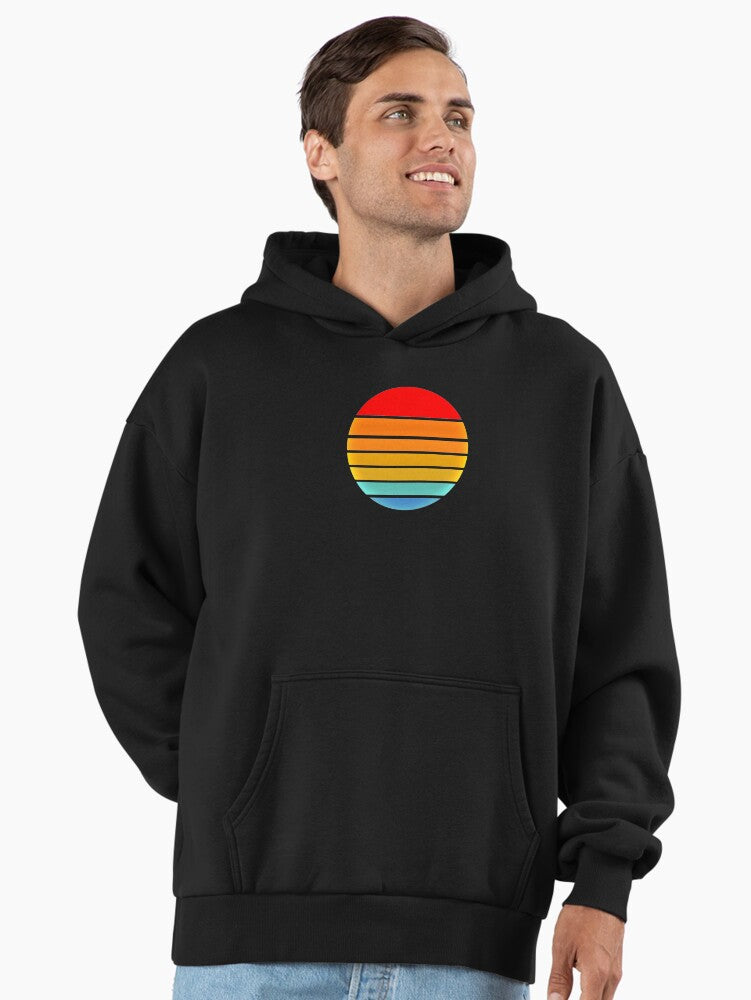 Retro Sunset Circle Art Hoodie - Vintage Beauty Oversized Pullover Black