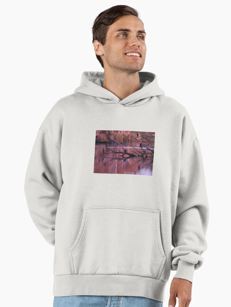 Riverside Sunset Glow Hoodie - Premium Nature Scenery Streetwear Bone