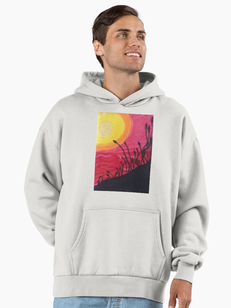 Cattail Sunset Nature Hoodie - Premium Oversized Serene Marshland Art Bone