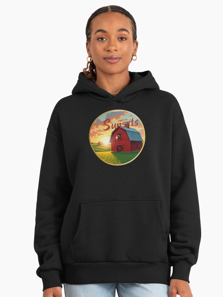Country Light Golden Hour Hoodie - Premium Oversized Rural Sunset Art Black