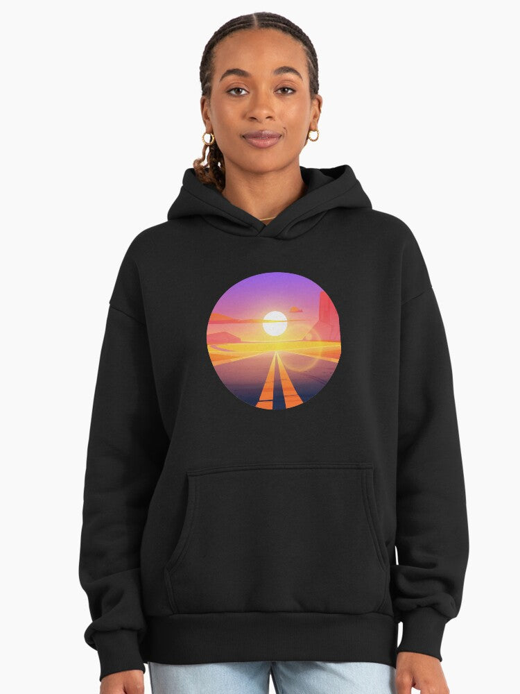 Vibrant Evening Sunset Hoodie - Premium Oversized Soft Fleece Top Black