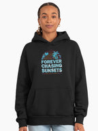 Forever Chasing Sunsets Hoodie - Wanderlust Coastal Travel Fleece Black