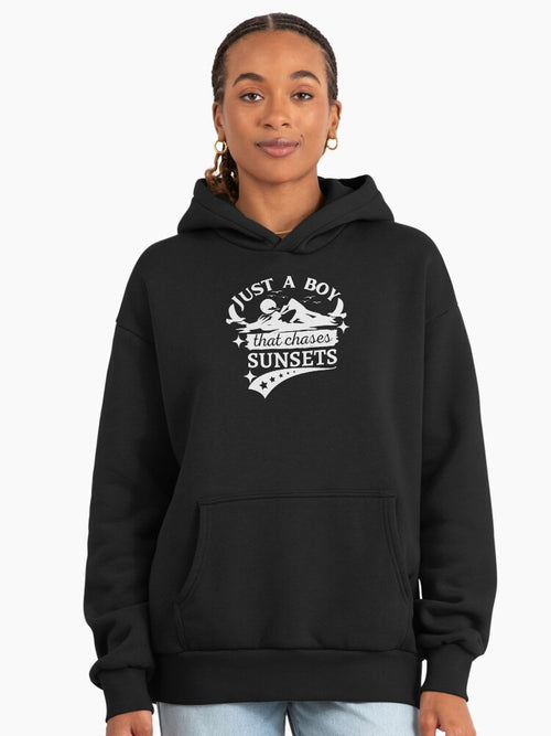 Boy Who Chases Sunsets Hoodie - Youthful Adventure Oversized Gear Black