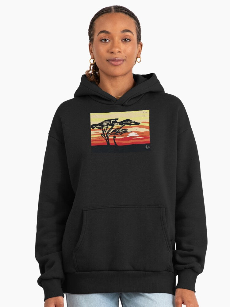 African Sunset Safari Hoodie - Premium Oversized Wildlife Silhouette Graphite Black