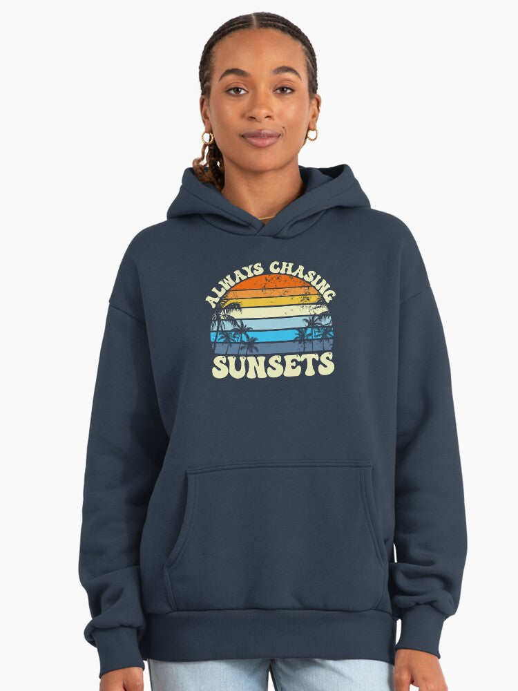 Always Chasing Sunsets Retro Beach Oversized Hoodie Midnight Navy