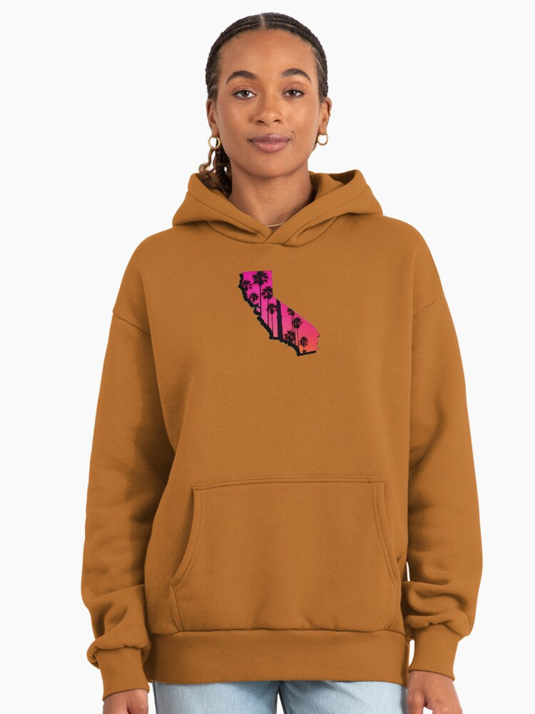 California Palm Sunset Hoodie - Retro Neon West Coast Premium Fit Clay