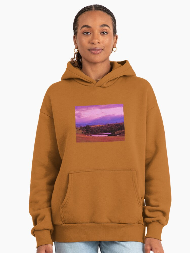 Sutherland Sunset View Hoodie - Premium Oversized Scenic Landscape Clay