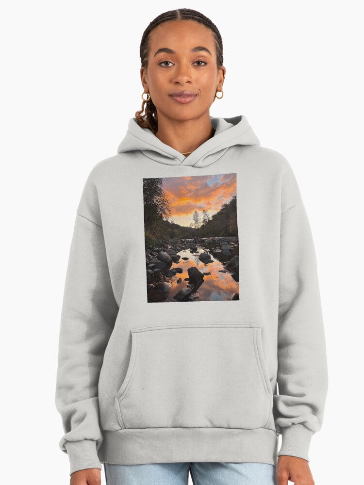 Sunset at the River Hoodie - Serene Waterside Oversized Pullover Bone