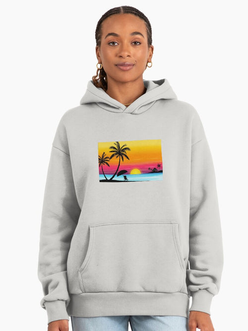 Cartoon Beach Sunset Hoodie - Premium Oversized Coconut Tree Design Bone